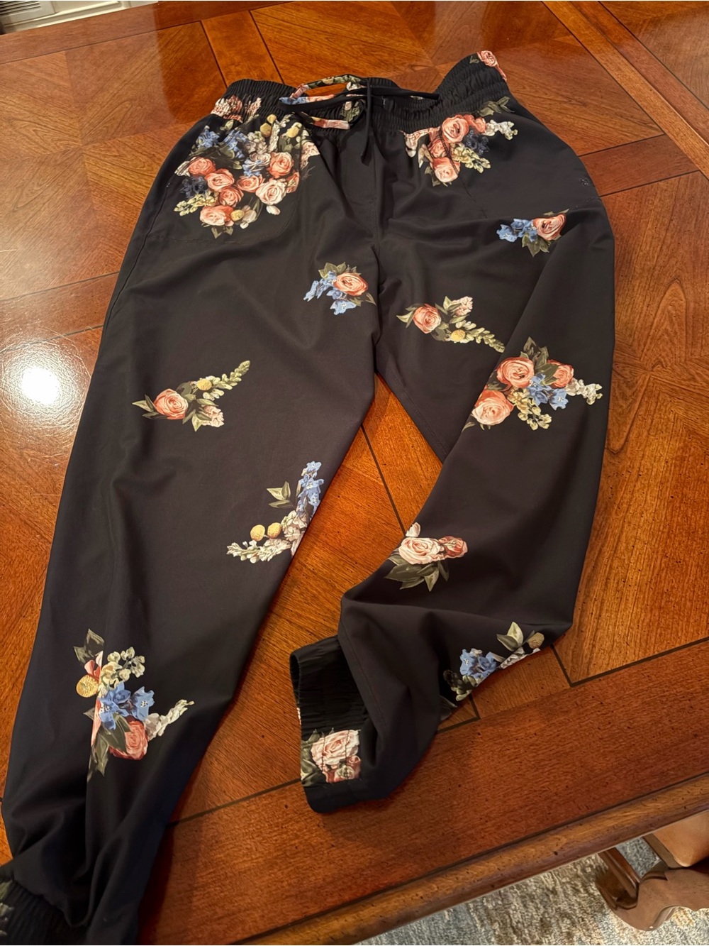 Albion Black Floral Track Joggers with Pink and Blue Roses